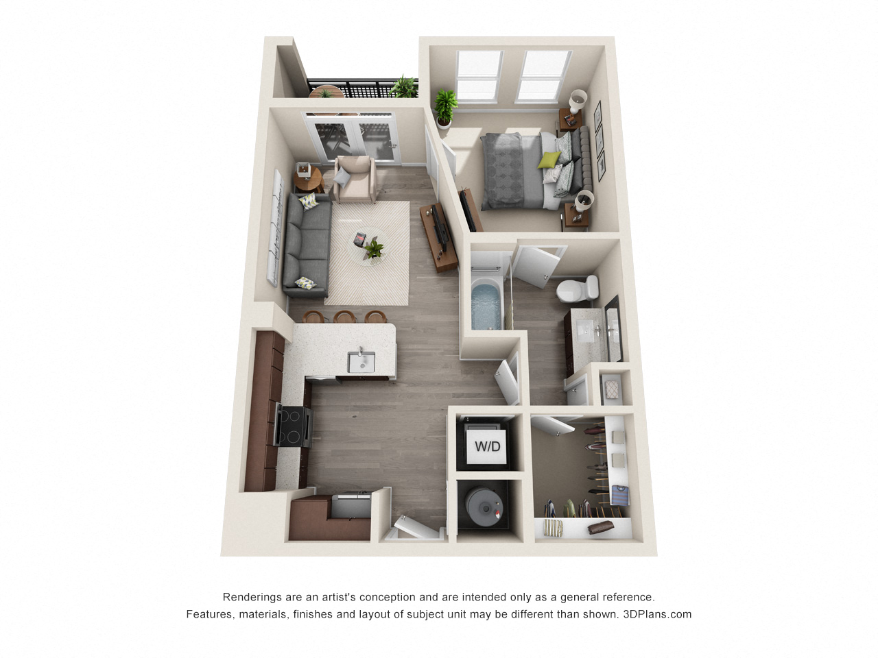 Floor plan for 1 bed, 1 bath, 638 sqft